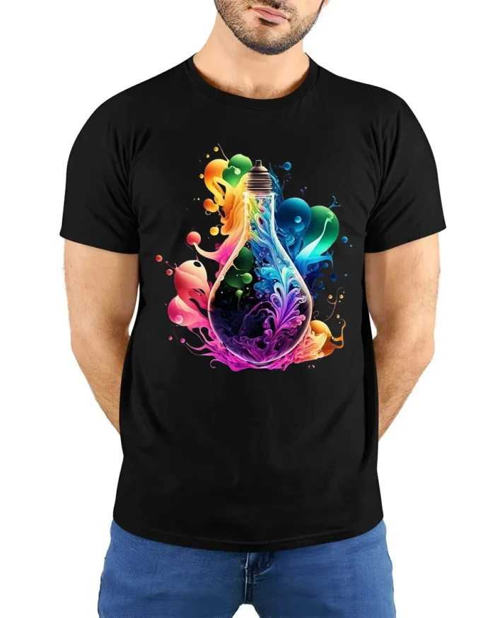 Electric Idea Tee, Bright Light Bulb Design T-Shirt - model wearing black shirt, hands behind back