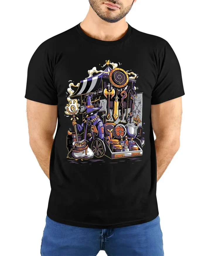 Magic Emporium T-Shirt, Fantasy Role Playing Game Tee - model wearing black shirt, hands behind back