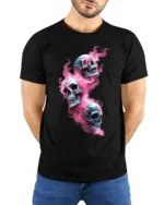Psychedelic Skulls, Trippy Colorful Skull T-Shirt - model wearing black shirt, hands behind back