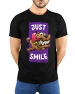 Smiling Dog Cartoon T-Shirt - Humorous Pet Lover Tee - model wearing black shirt, hands behind back