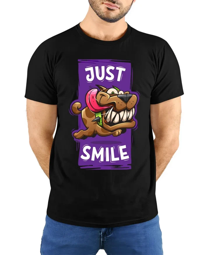 Smiling Dog Cartoon T-Shirt - Humorous Pet Lover Tee - model wearing black shirt, hands behind back