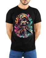 Cyberpunk Chibi, Futuristic Cute Character T-Shirt - model wearing black shirt, hands behind back