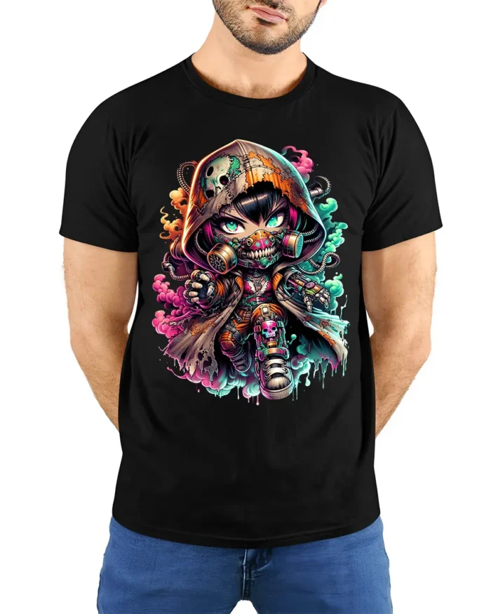 Cyberpunk Chibi, Futuristic Cute Character T-Shirt - model wearing black shirt, hands behind back