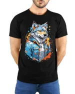 Cool Wolf Jacket Tee - Urban Style Animal Graphic T-Shirt - model wearing black shirt, hands behind back