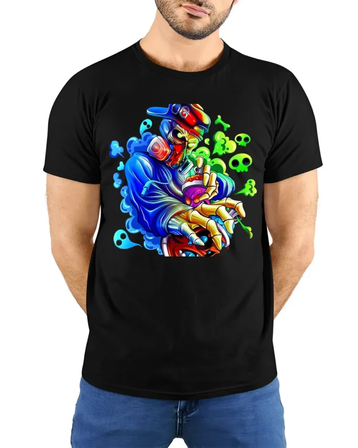 Skull Graffiti Master Tee - Edgy Urban Design T-Shirt - model wearing black shirt, hands behind back