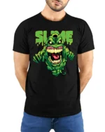 Slimer Slime Tee, Funny Ghostbusters Graphic T-Shirt - model wearing black shirt, hands behind back