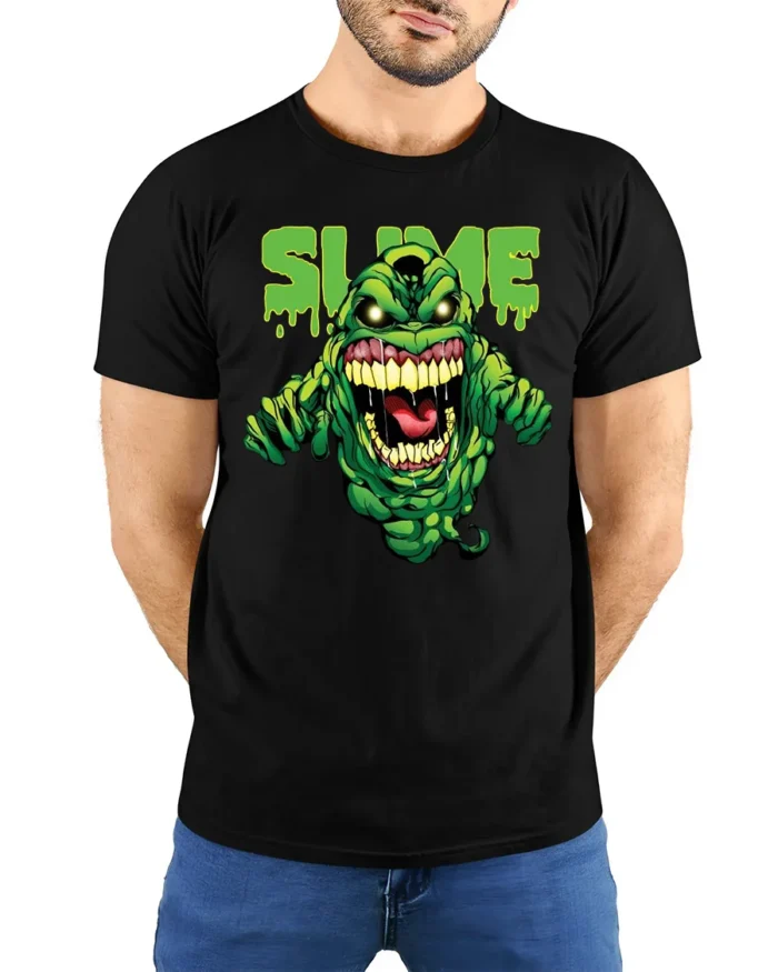 Slimer Slime Tee, Funny Ghostbusters Graphic T-Shirt - model wearing black shirt, hands behind back