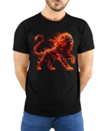 Blazing Lion Art Tee, Powerful Animal Graphic T-Shirt - model wearing black shirt, hands behind back