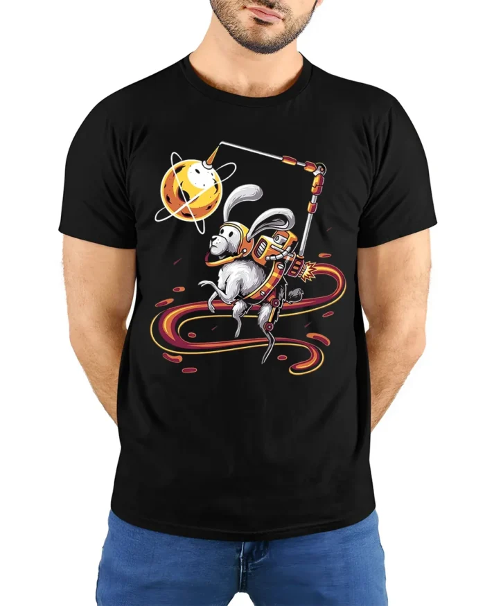 Planet Hopping Rabbit Tee - Whimsical Space Graphic Tee - model wearing black shirt, hands behind back