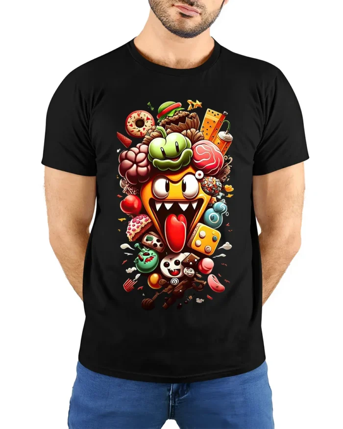 Crazy Food Pile Tee,  Funny Cartoon Snack Attack T-Shirt - model wearing black shirt, hands behind back