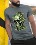 Money Skull Graphic Tee - Dollar Bills Skull T-Shirt - model in grey shirt leaning against column