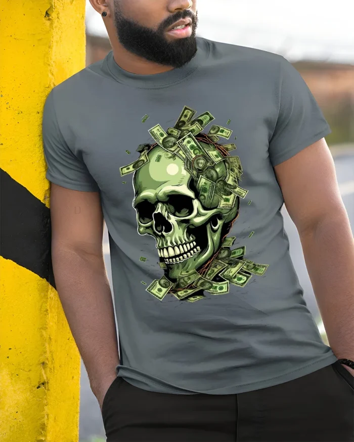 Money Skull Graphic Tee - Dollar Bills Skull T-Shirt - model in grey shirt leaning against column