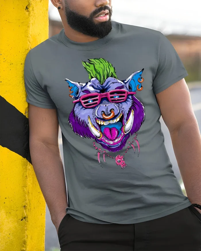 Mohawk Hog Graphic, Unique Rocker Animal T-Shirt - model in grey shirt leaning against column