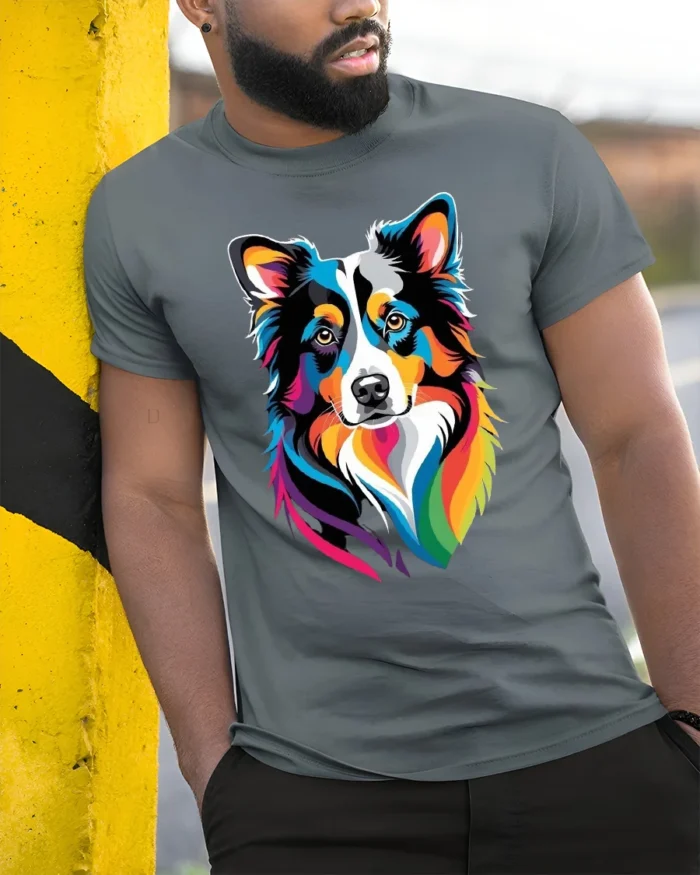 Colorful Border Collie T-Shirt,  Artistic Dog Lover Tee - model in grey shirt leaning against column