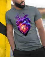 Abstract Heart Tee, Unique Colorful Love Graphic T-Shirt - model in grey shirt leaning against column