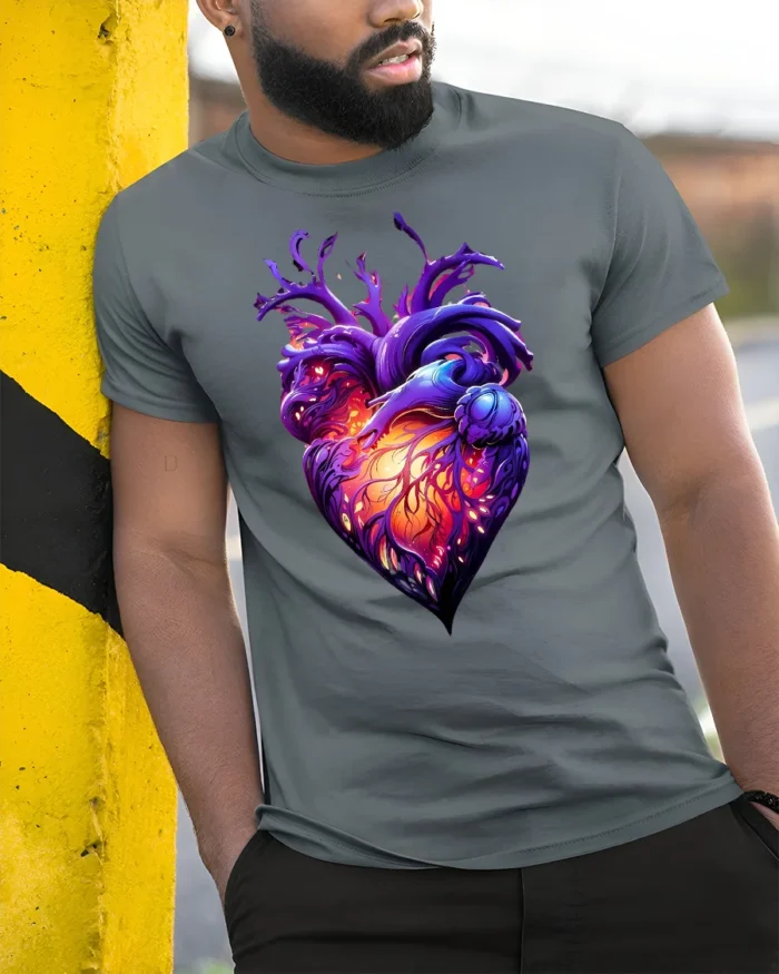 Abstract Heart Tee,  Unique Colorful Love Graphic T-Shirt - model in grey shirt leaning against column