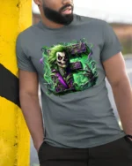 Laughing Skull Joker Tee, Edgy Villain Art T-Shirt - model in grey shirt leaning against column