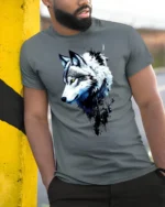 Arctic Wolf Portrait, Majestic Animal Graphic T-Shirt - model in grey shirt leaning against column