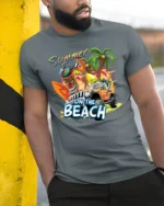 Beach Summer Fun Tee, Tropical Vacation Graphic T-Shirt - model in grey shirt leaning against column