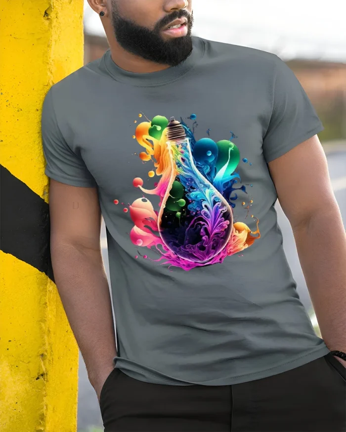 Electric Idea Tee, Bright Light Bulb Design T-Shirt - model in grey shirt leaning against column