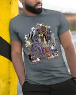 Magic Emporium T-Shirt, Fantasy Role Playing Game Tee - model in grey shirt leaning against column