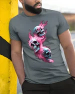 Psychedelic Skulls, Trippy Colorful Skull T-Shirt - model in grey shirt leaning against column