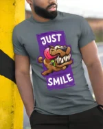 Smiling Dog Cartoon T-Shirt - Humorous Pet Lover Tee - model in grey shirt leaning against column