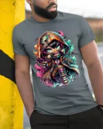 Cyberpunk Chibi, Futuristic Cute Character T-Shirt - model in grey shirt leaning against column