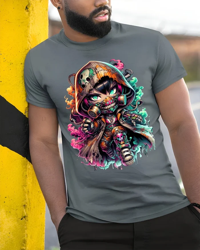 Cyberpunk Chibi, Futuristic Cute Character T-Shirt - model in grey shirt leaning against column