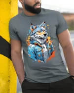Cool Wolf Jacket Tee - Urban Style Animal Graphic T-Shirt - model in grey shirt leaning against column