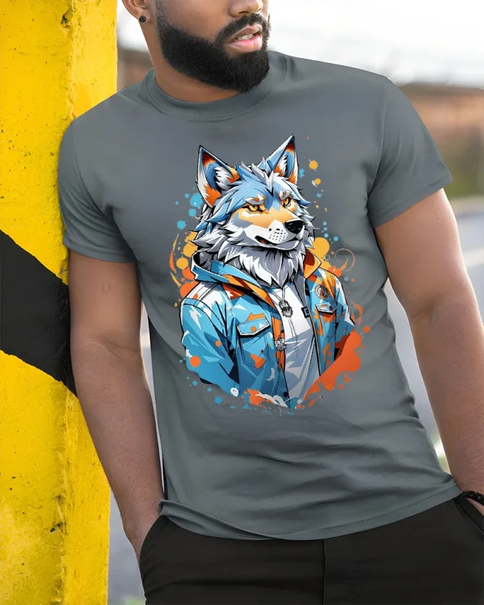 Cool Wolf Jacket Tee - Urban Style Animal Graphic T-Shirt - model in grey shirt leaning against column