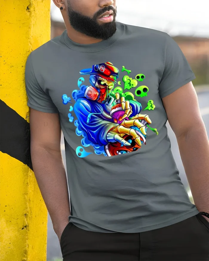 Skull Graffiti Master Tee - Edgy Urban Design T-Shirt - model in grey shirt leaning against column