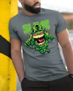 Slimer Slime Tee, Funny Ghostbusters Graphic T-Shirt - model in grey shirt leaning against column