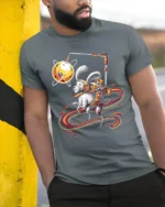 Planet Hopping Rabbit Tee - Whimsical Space Graphic Tee - model in grey shirt leaning against column