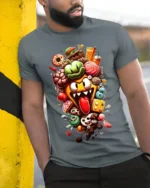 Crazy Food Pile Tee, Funny Cartoon Snack Attack T-Shirt - model in grey shirt leaning against column