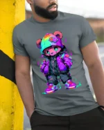 Swag Bear Premium Tee - Cute Cartoon Animal Fashion Tee - model in grey shirt leaning against column