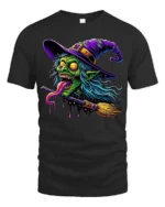 Creepy Witch Flying Halloween Spooky Graphic T-Shirt - black t-shirt on white background