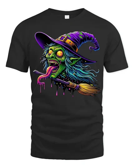 Creepy Witch Flying Halloween Spooky Graphic T-Shirt - black t-shirt on white background