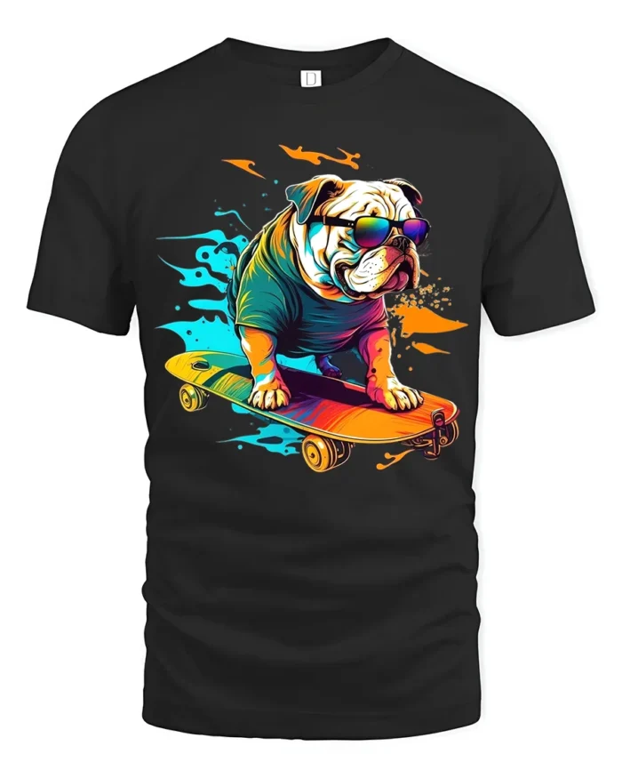 Rad Bulldog Skater T-Shirt Trendy Dog on Skateboard Tee - black t-shirt on white background