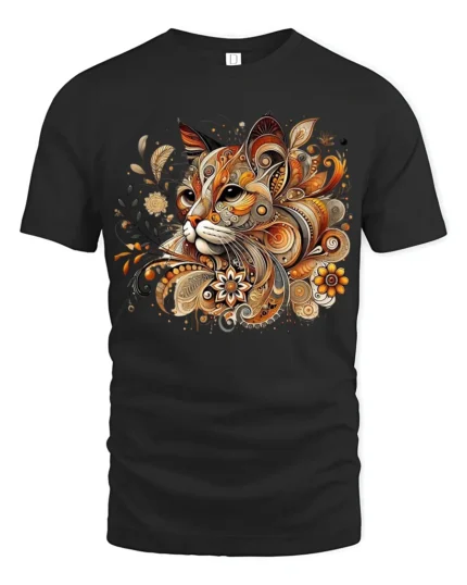 Ornate Cat Design Tee  Elegant Patterned Feline T-Shirt - black t-shirt on white background