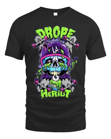 Drope Heriot Skate Tee Cool Skull Skateboard T-Shirt - black t-shirt on white background