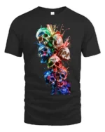 Watercolor Skull Stack Tee Vibrant Skull Art Graphic T-Shirt - black t-shirt on white background