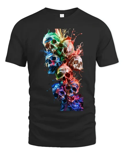 Watercolor Skull Stack Tee Vibrant Skull Art Graphic T-Shirt - black t-shirt on white background