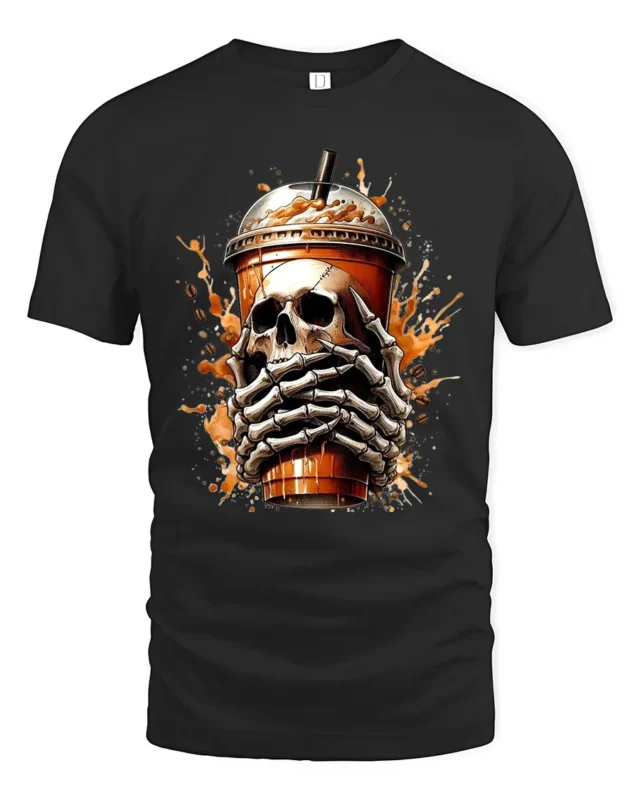 Skull Coffee Break Tee,  Funny Skeleton Drink Graphic T-Shirt - black t-shirt on white background