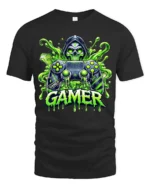 Gamer Skull Controller Tee, Funny Video Game T-Shirt - black t-shirt on white background