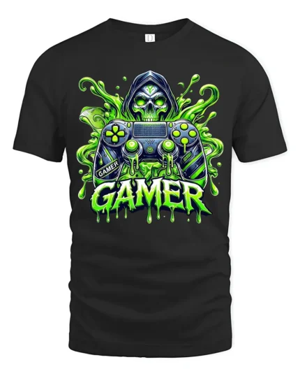 Gamer Skull Controller Tee, Funny Video Game T-Shirt - black t-shirt on white background