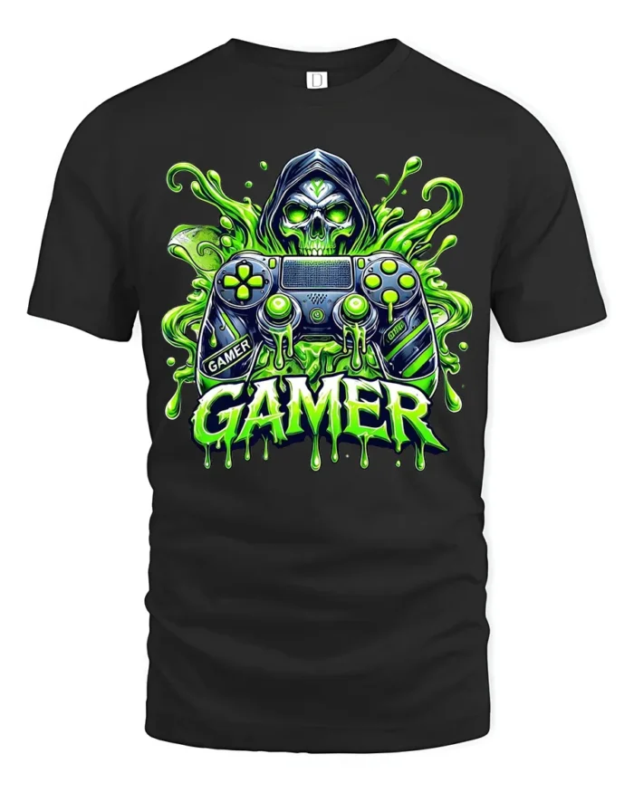 Gamer Skull Controller Tee, Funny Video Game T-Shirt - black t-shirt on white background