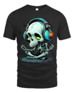 Meditate and Vibrate Tee, Relaxed Skull Music T-Shirt - black t-shirt on white background