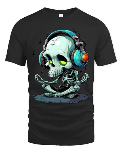 Meditate and Vibrate Tee, Relaxed Skull Music T-Shirt - black t-shirt on white background