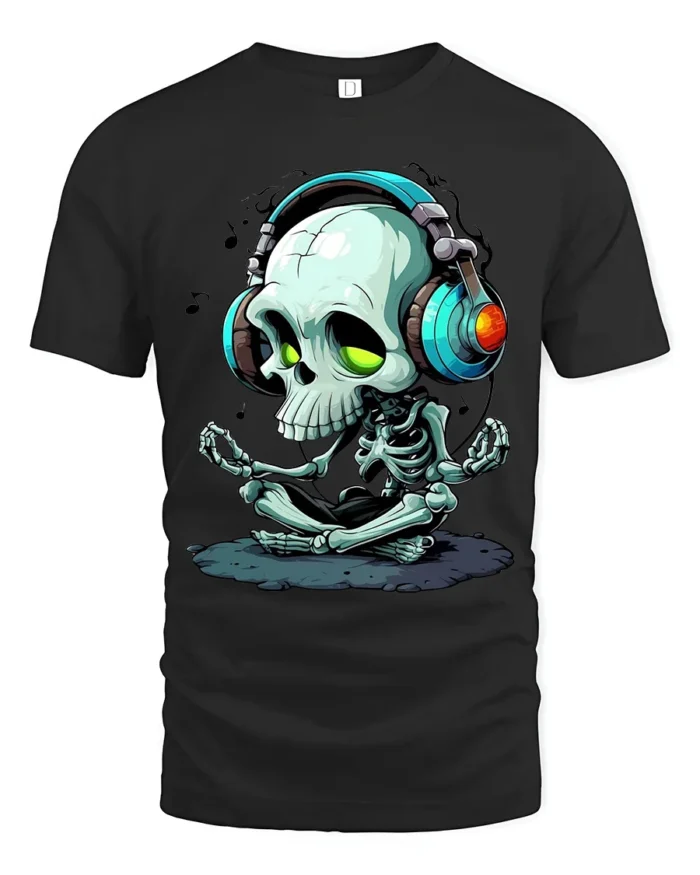 Meditate and Vibrate Tee,  Relaxed Skull Music T-Shirt - black t-shirt on white background